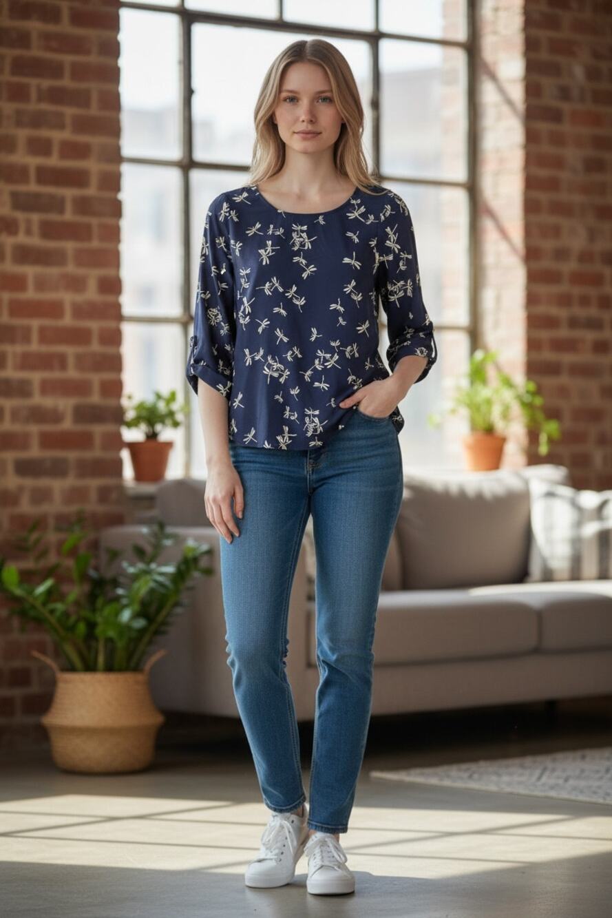 EVERLY Top Size S Navy Blue Dragonfly Blouse 3/4 Sleeve Relaxed Fit